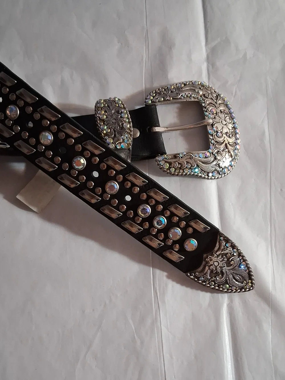 Black Rhinestone Western Belt with Ornate Silver Buckle - Nocona